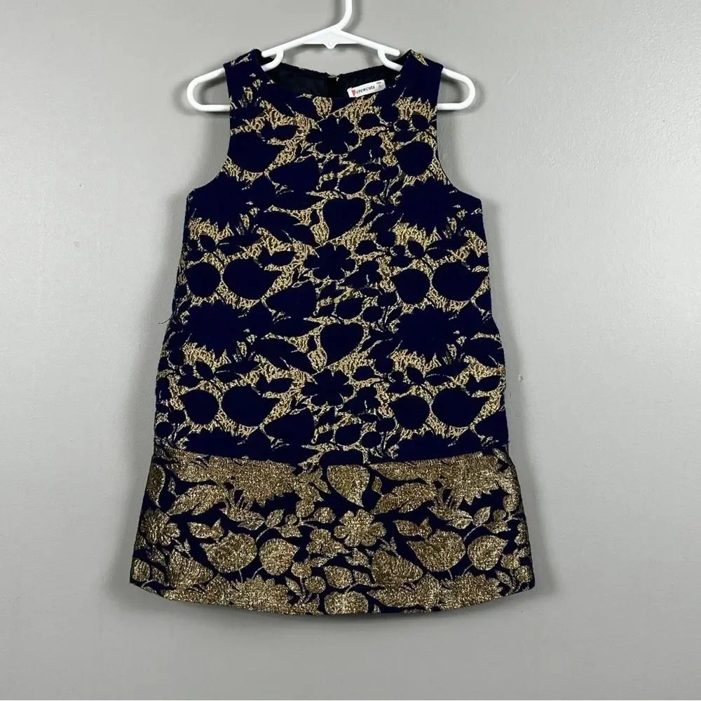 Crewcuts Girl's Dress Size 5 Navy Gold Holiday Christmas Pockets Sleeveless